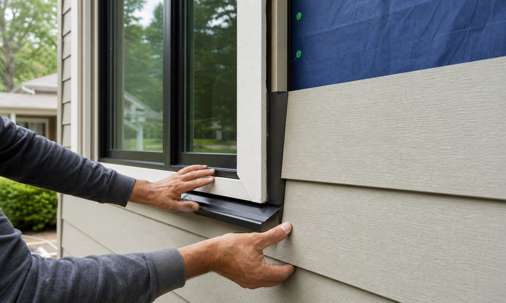 Close-up of fiber cement siding and flashing installation showing the process step by step