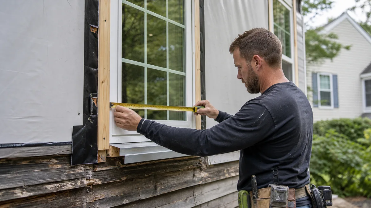 Installer inspecting a window opening and wall for rotten wood behind the existing siding