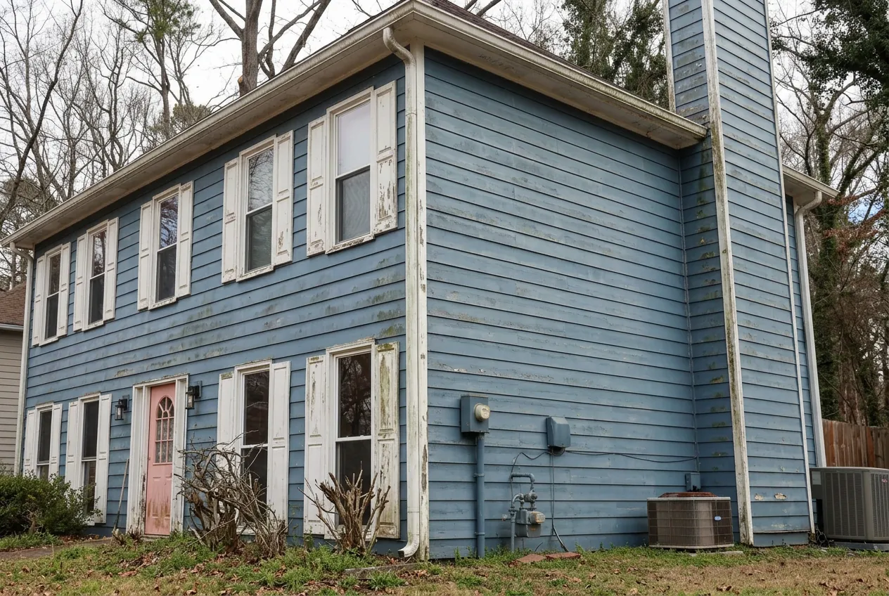 Two-story home before renovation with faded, mildewed siding