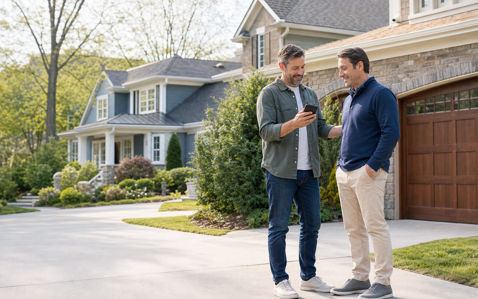 Two neighbors discussing a recommendation outside their homes