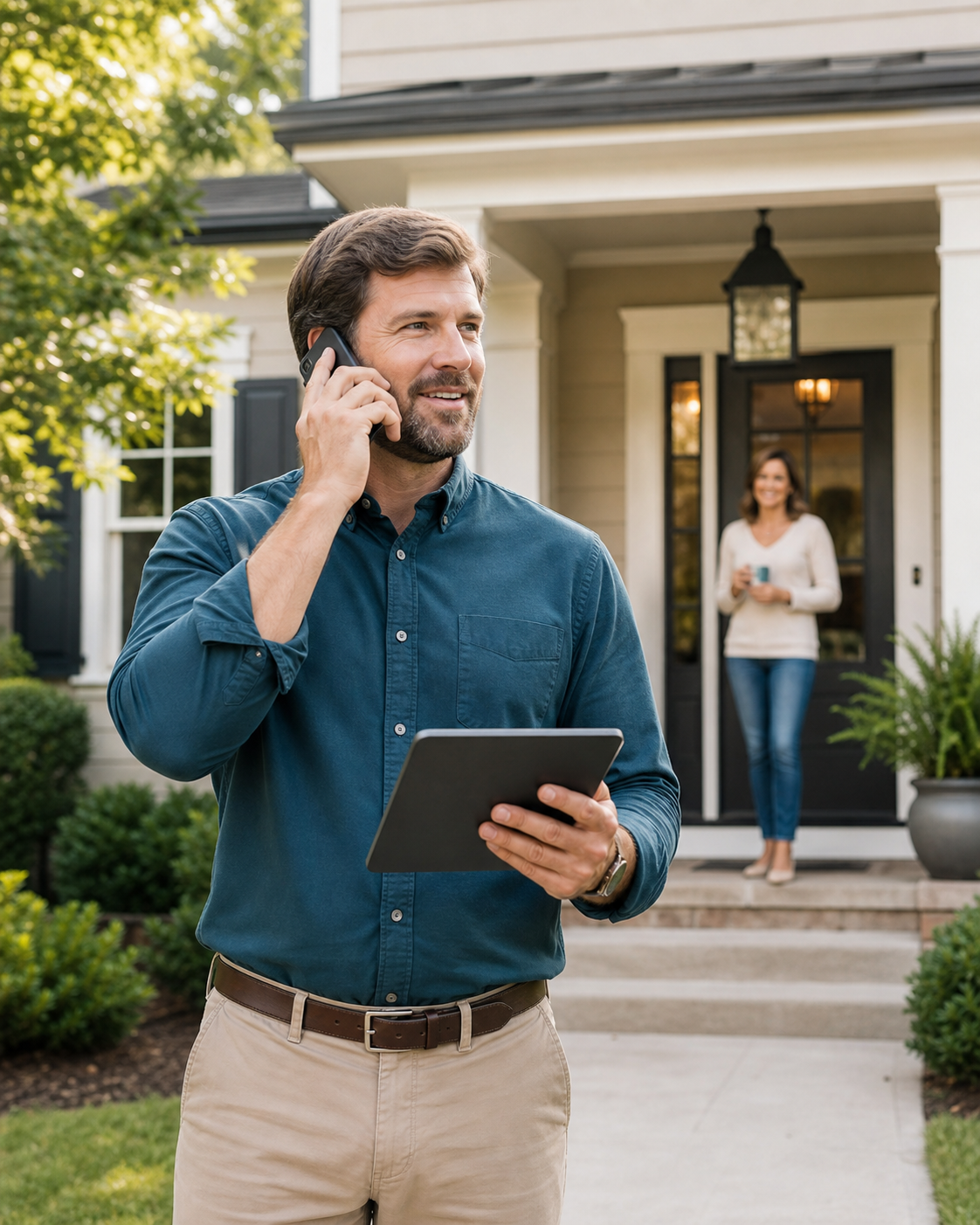 Home improvement consultant following up from a homeowner's porch