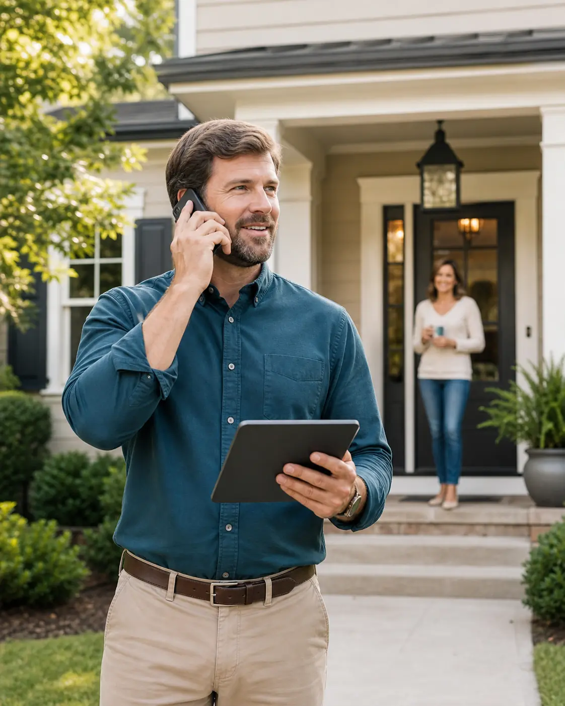 Home improvement consultant following up from a homeowner's porch